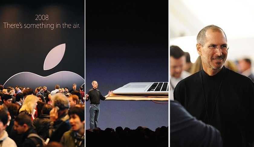 At this year's MacWorld Expo, Jobs' keynote speech drew the usual packed house (left). Jobs introduced the Macbook Air and then mingled with the faithful.