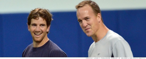 Eli Manning and his brother Peyton laugh as they run through warm up exercises at Duke's Pascal Field House in Durham, North Carolina, Thursday, April 11, 2013. (Chuck Liddy/Raleigh News & Observer/MCT)