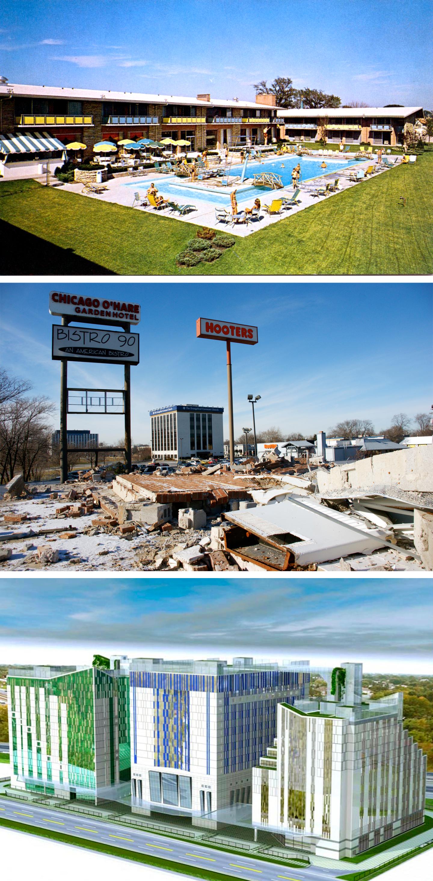 From HoJo to hobo?  The Howard Johnson Motor Lodge near O’Hare Airport (top, in the 1960s) became the Sethis’ motel (center, after demolition began in late 2012). Bottom, renderings of the hotel/convention center planned for the site. Today the space is a weed-filled empty lot.