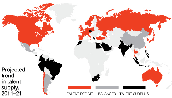 The Global Talent Crunch Over the next decade, it is estimated that the growth in demand for college-educated talent will exceed the growth in supply for most developed world. India's educated workforce is growing 2% annually, while America's is shrinking 0.8% each year.