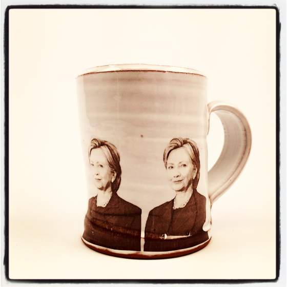 Hillary Clinton mug for sale on Etsy, made by ceramic artist Justin Rothshank.
