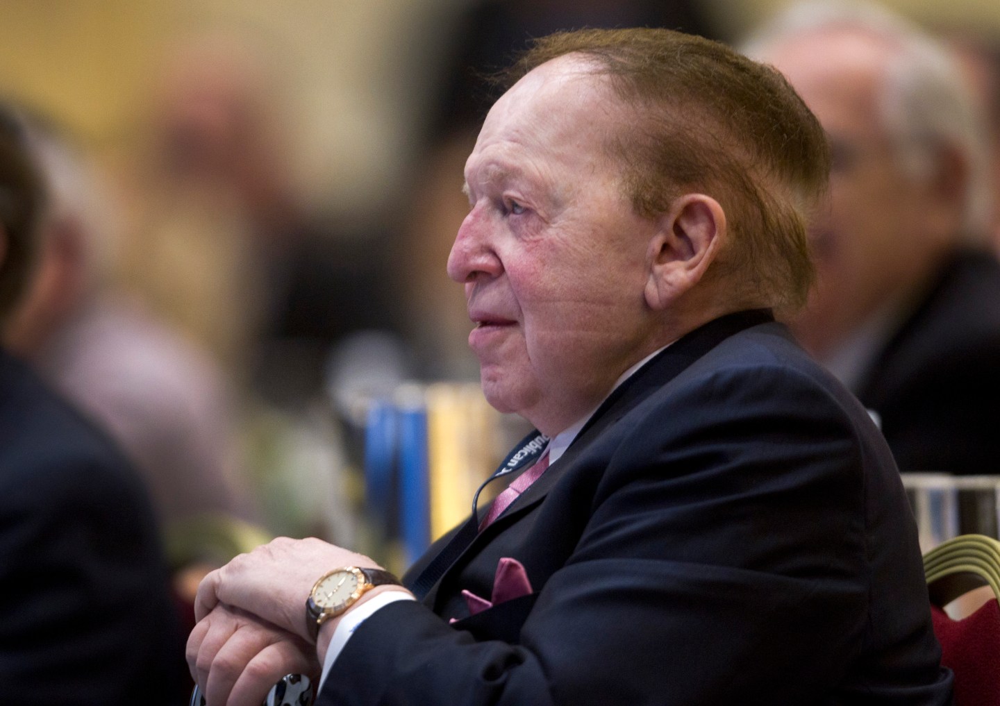 Adelson, chairman of the board and chief executive officer of Las Vegas Sands Corp., listens to New Jersey Governor Chris Christie during the Republican Jewish Coalition Spring Leadership Meeting at the Venetian Resort in Las Vegas