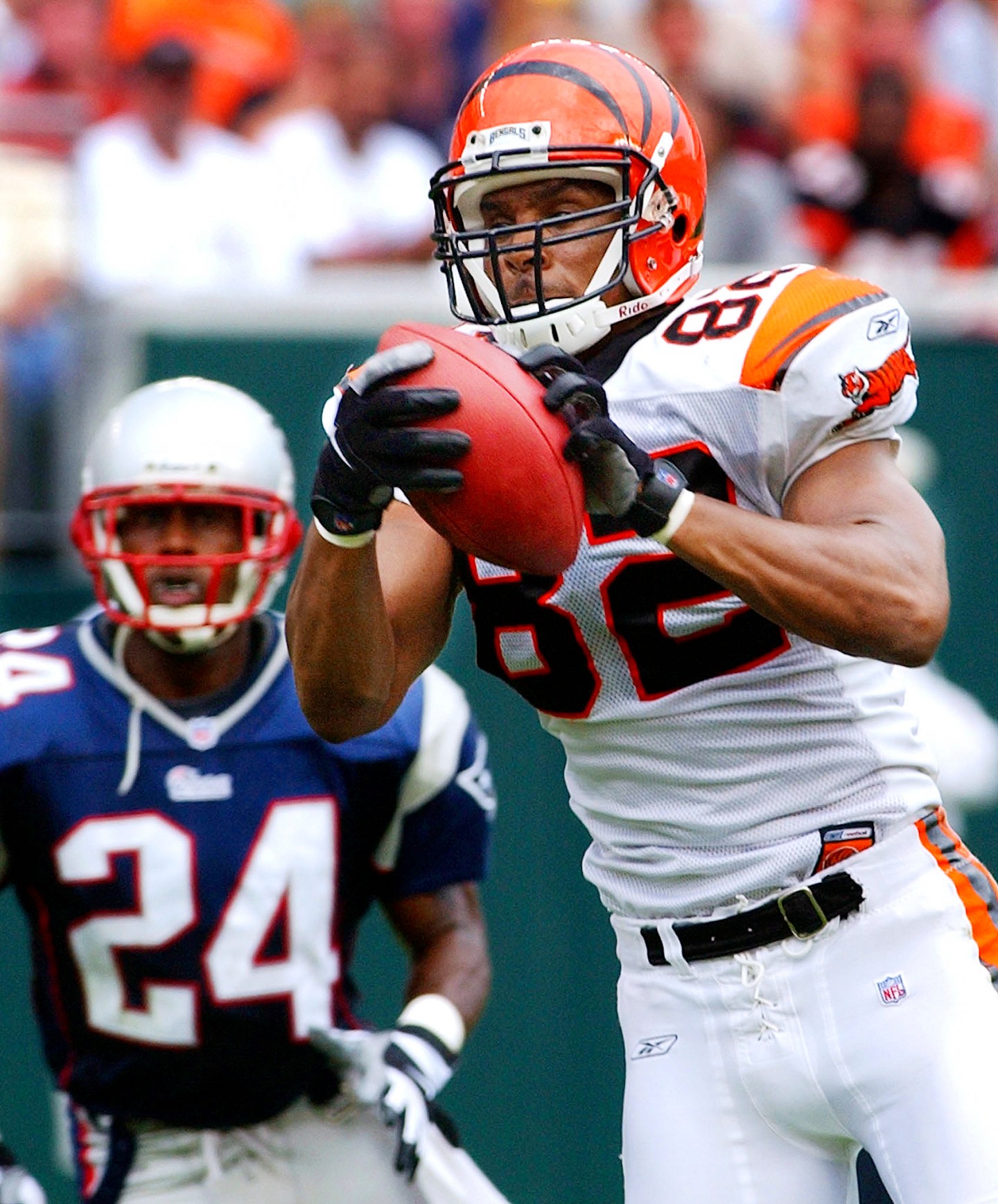 CINCINNATI BENGALS TONY MCGEE MAKES CATCH UNDER PRESSURE FROM NEW ENGLANDS TY LAW.