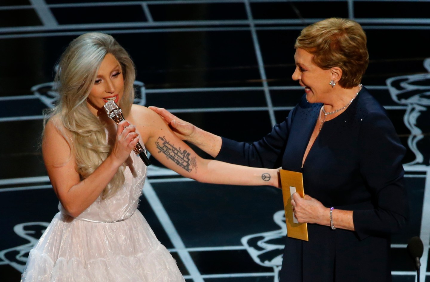 Lady Gaga pays tribute to Julie Andrews after performing songs from the Sound of Music at the 87th Academy Awards in Hollywood, California