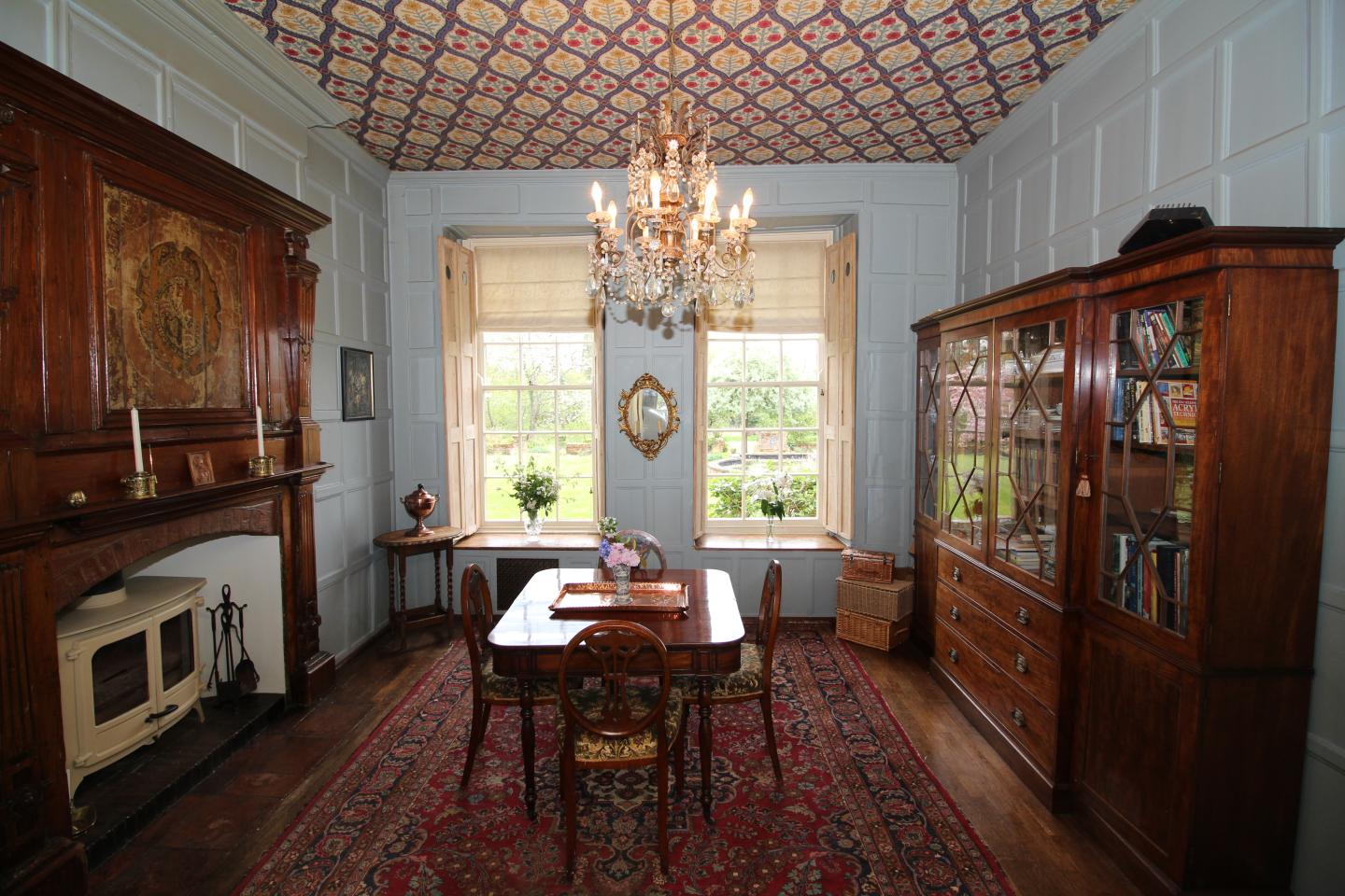 One of the home's more unusual features is this wallpapered ceiling.