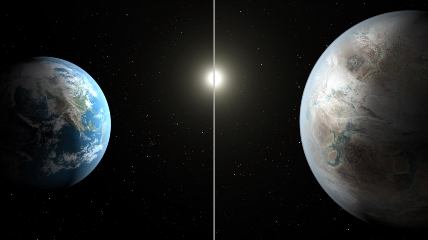 Scientists using data from NASA's Kepler mission have confirmed the first near-Earth-size planet orbiting in the habitable zone of a sun-like star. The habitable zone is the region around a star where temperatures are just right for water to exist in its liquid form. The artistic concept compares Earth (left) to the new planet, called Kepler-452b, which is about 60 percent larger. The illustration represents one possible appearance for Kepler-452b -- scientists do not know whether the planet has oceans and continents like Earth. Both planets orbit a G2-type star of about the same temperature; however, the star hosting Kepler-452b is 6 billion years old, 1.5 billion years older than our sun. As stars age, they become larger, hotter and brighter, as represented in the illustration. Kepler-452b's star appears a bit larger and brighter.