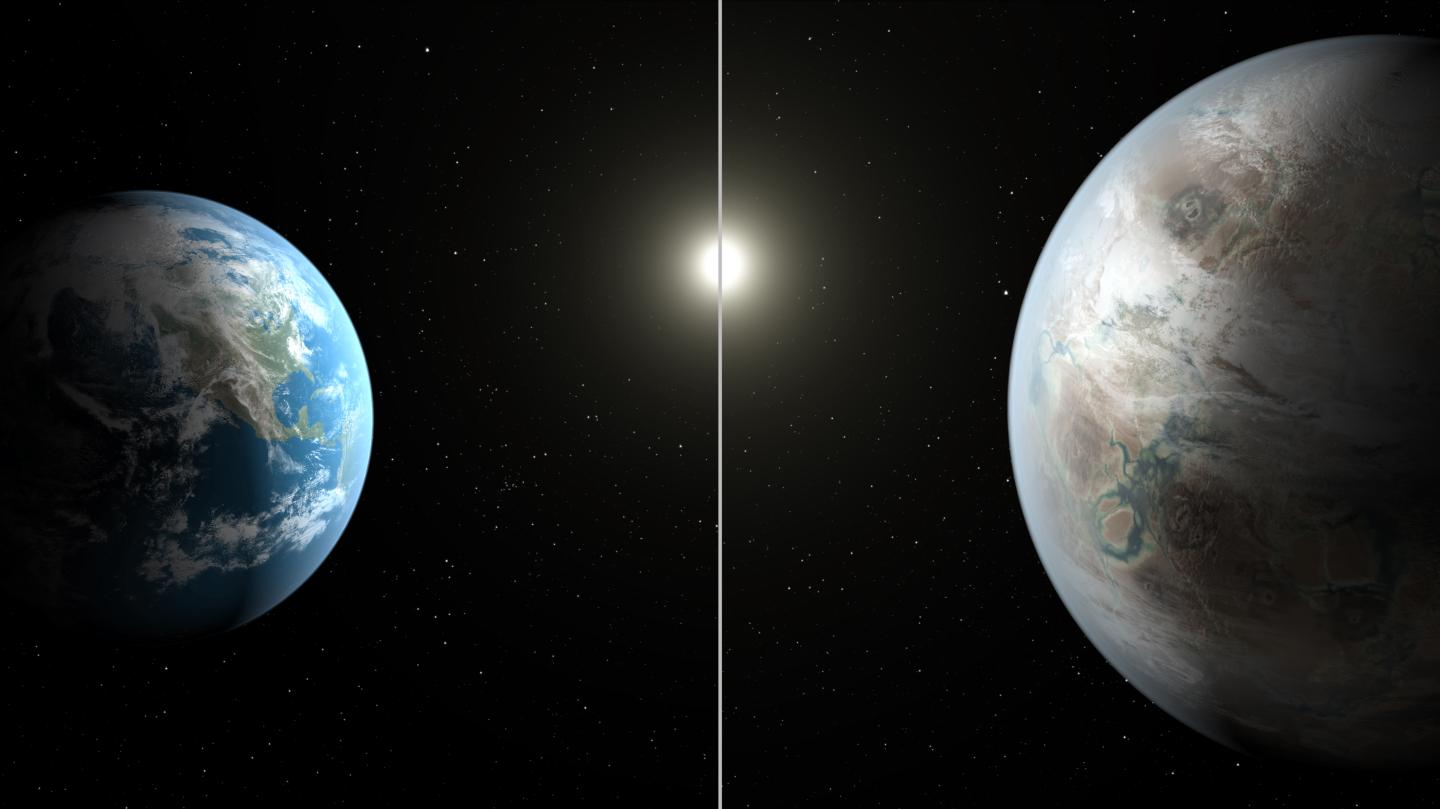 Scientists using data from NASA's Kepler mission have confirmed the first near-Earth-size planet orbiting in the habitable zone of a sun-like star. The habitable zone is the region around a star where temperatures are just right for water to exist in its liquid form. The artistic concept compares Earth (left) to the new planet, called Kepler-452b, which is about 60 percent larger. The illustration represents one possible appearance for Kepler-452b -- scientists do not know whether the planet has oceans and continents like Earth. Both planets orbit a G2-type star of about the same temperature; however, the star hosting Kepler-452b is 6 billion years old, 1.5 billion years older than our sun. As stars age, they become larger, hotter and brighter, as represented in the illustration. Kepler-452b's star appears a bit larger and brighter.