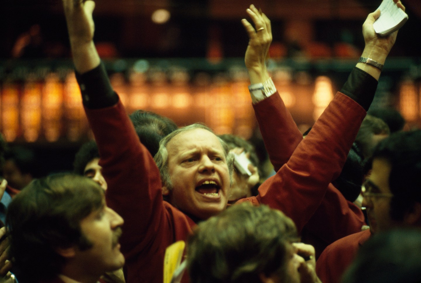 Brokers at Chicago's Mercantile Exchange trade commodity futures