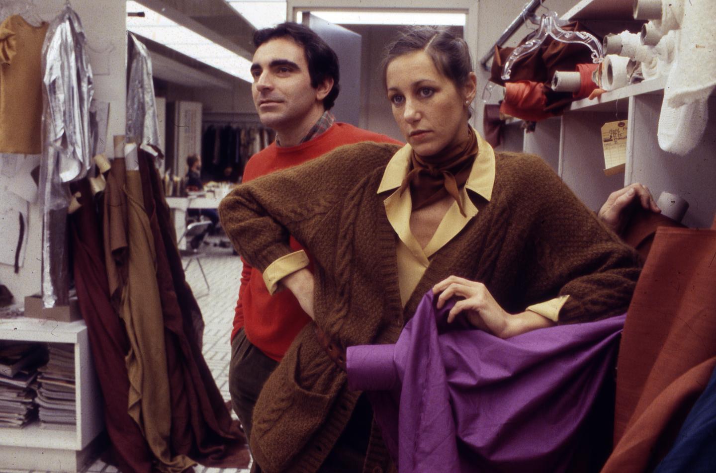 Lowis Dell'Olio & Donna Karan in Anne Klein workroom, Garment Center, NYC - 1980