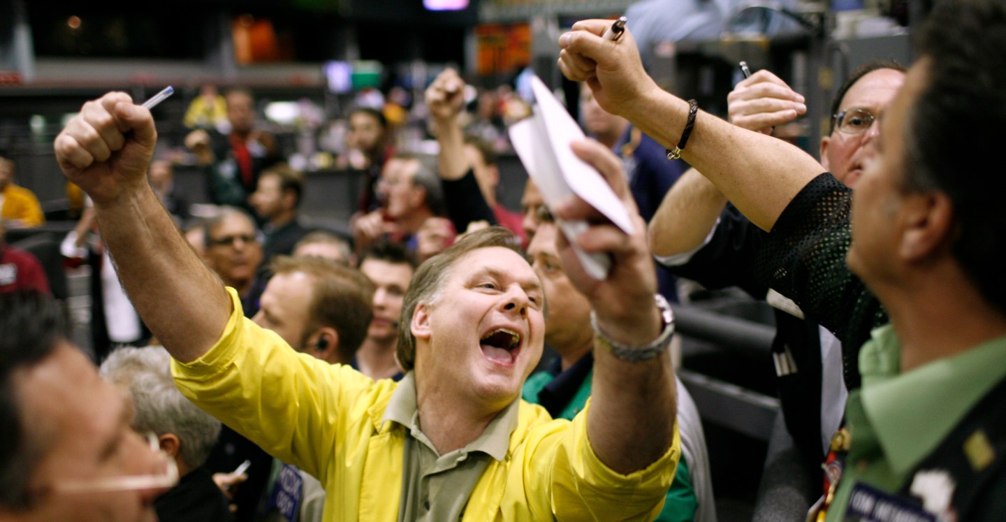 Traders call out trades on the floor of the Chicago Mercantile Exchange