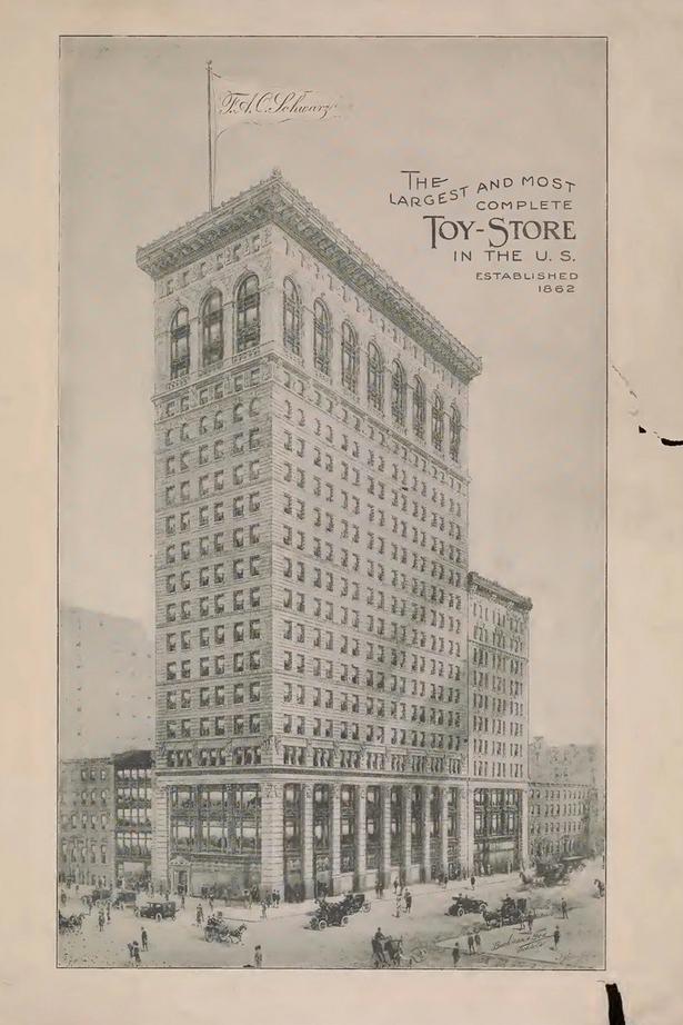 The cover of the FAO Schwarz spring and summer goods catalog from 1911. The building is of the toy store's 303 Fifth Avenue location. 