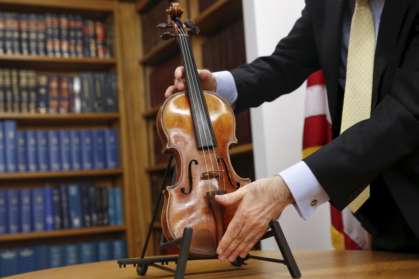 The Ames Stradivarius violin is placed for viewing during a news conference in New York