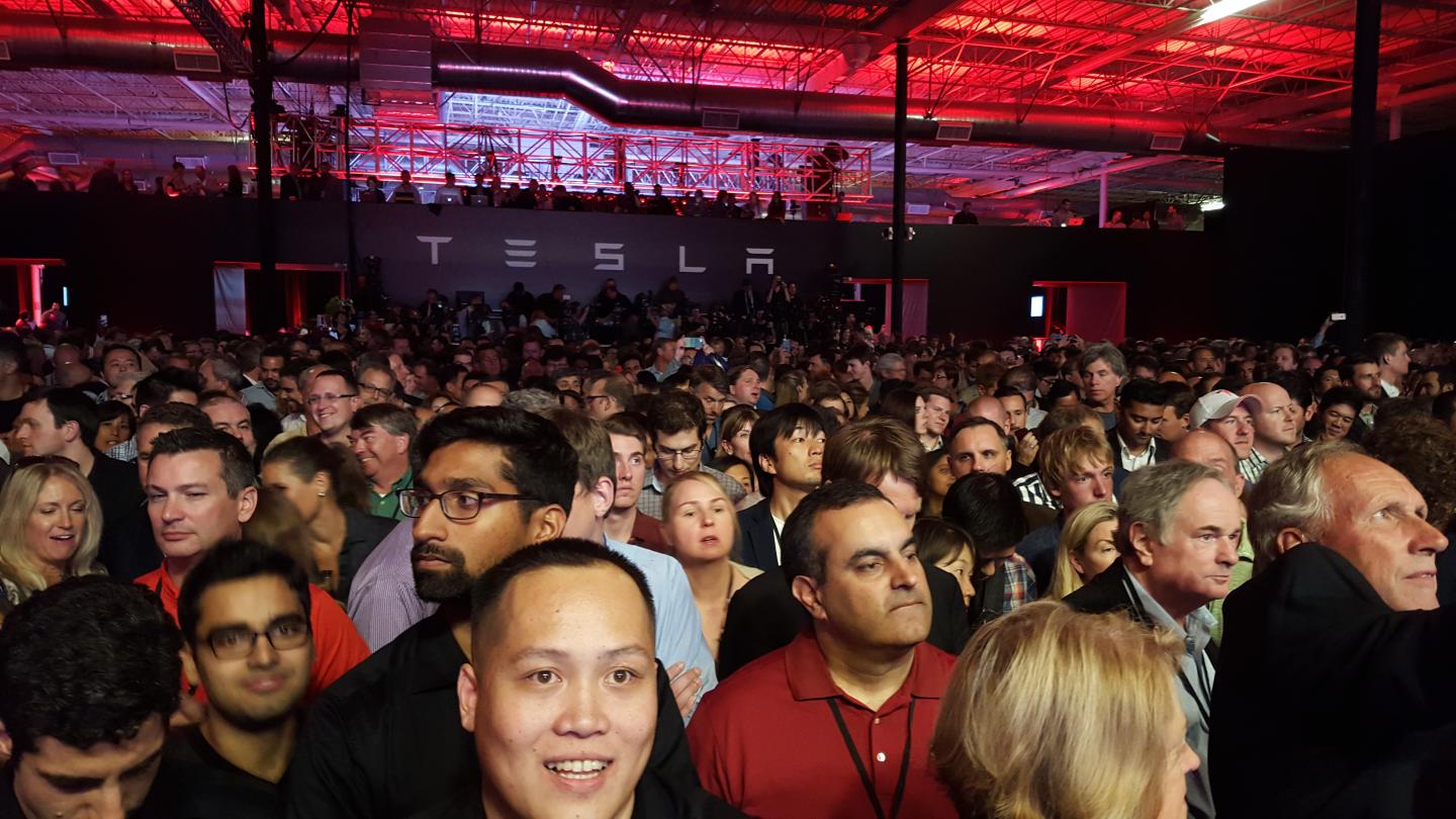 Crowd to watch Tesla's Model X.