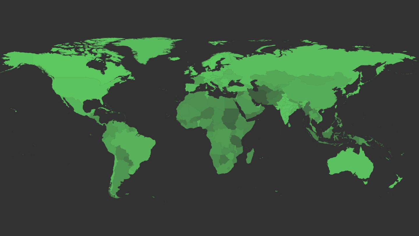 Facebook's world map of video playback. The gradation shows the different levels of playback success rates. A lighter shade means better video playback.