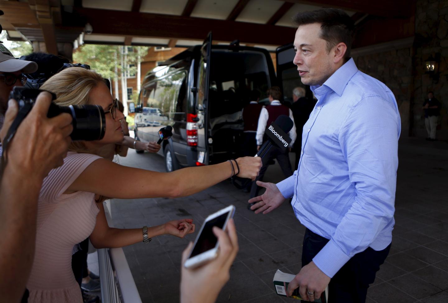 Tesla founder Elon Musk arrives for the the annual Allen and Co. media conference Sun Valley