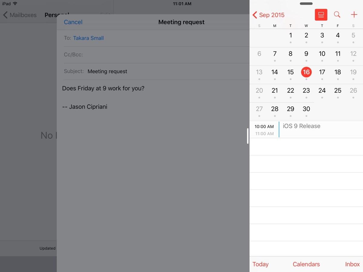 iOS 9's new Slide Over feature on the iPad. 