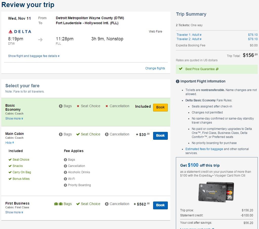 A screenshot of "Upgrade Options", Expedia's new feature showing ancillary fees for flights.