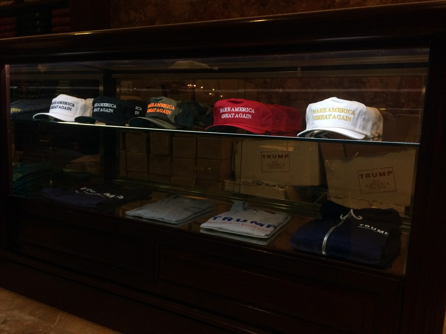 "Make America Great Again" hats for sale at Trump's book signing at the Trump Tower on November 3, 2015 in New York.