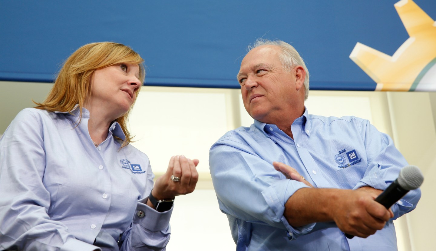 Mary Barra, GM Chief Executive Officer with Dennis Williams, President - International Union, UAW at the UAW-GM 2015 Negotiations Kick-off at the UAW-GM Center for Human Resources in Detroit, Michigan, U.S., on Monday, July 13, 2015. Photographer: Jeff Kowalsky/Bloomberg *** Local Caption ***