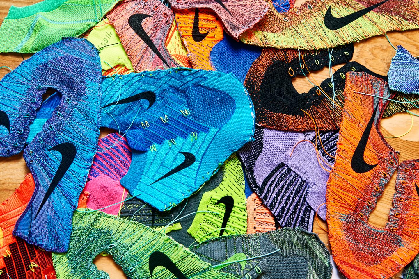 Uppers for Nike Flyknit shoes at the company's Blue Ribbon Studios. Nike spent heavily in time and money to develop the ultra-lightweight technology which has become a big hit. 