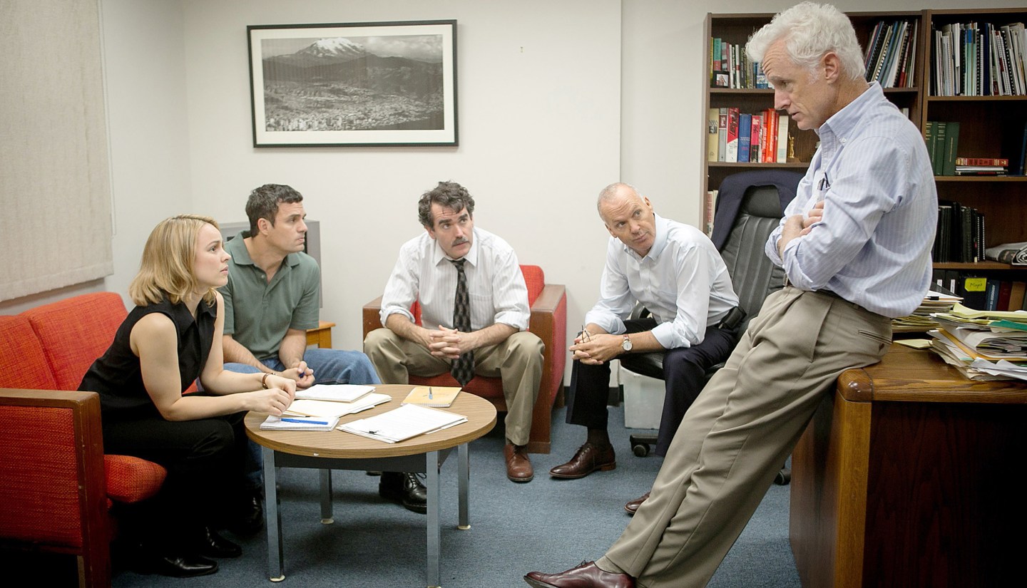 SPOTLIGHT, from left: Rachel McAdams, Mark Ruffalo, Brian d'Arcy James, Michael Keaton, John