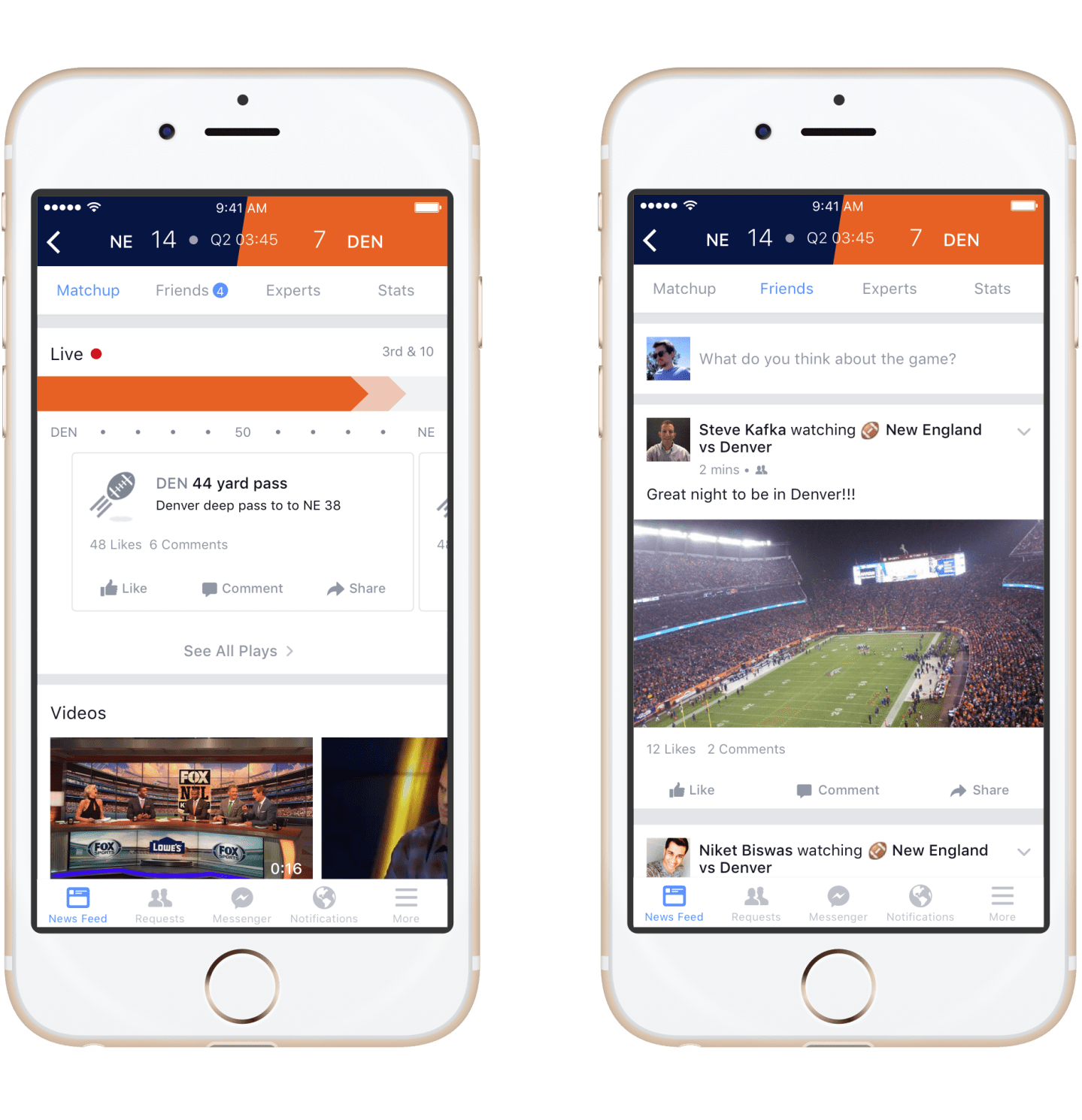 Facebook Sports Stadium's tabs for live matchup and friends' posts.
