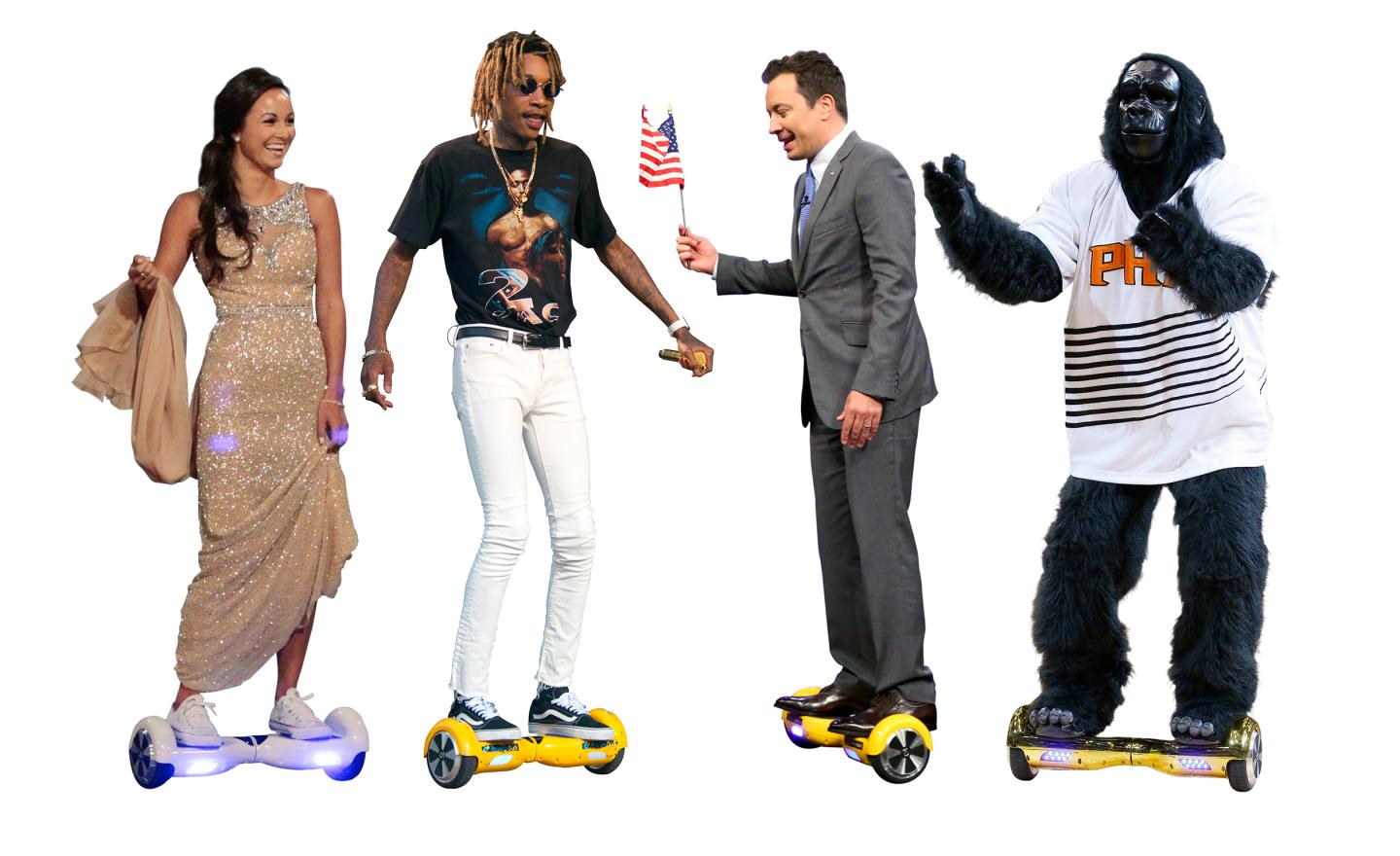 Hoverboard riders include, from left: a contestant on "The Bachelor", Wiz Khalifa, Jimmy Fallon and the Phoenix Sun's mascot "The Gorilla." 