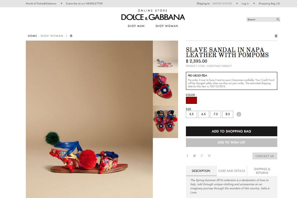 Screenshot of Dolce & Gabbana's "Slave Sandals" before the name was changed.