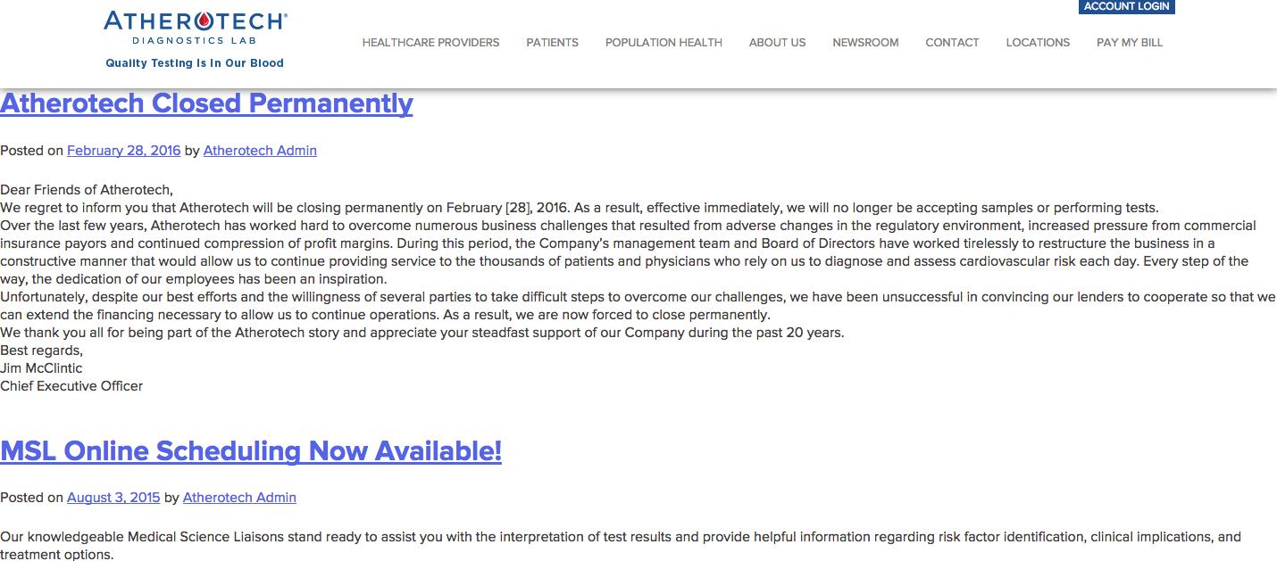 Screen shot of Atherotech's home page on 3/4/16.