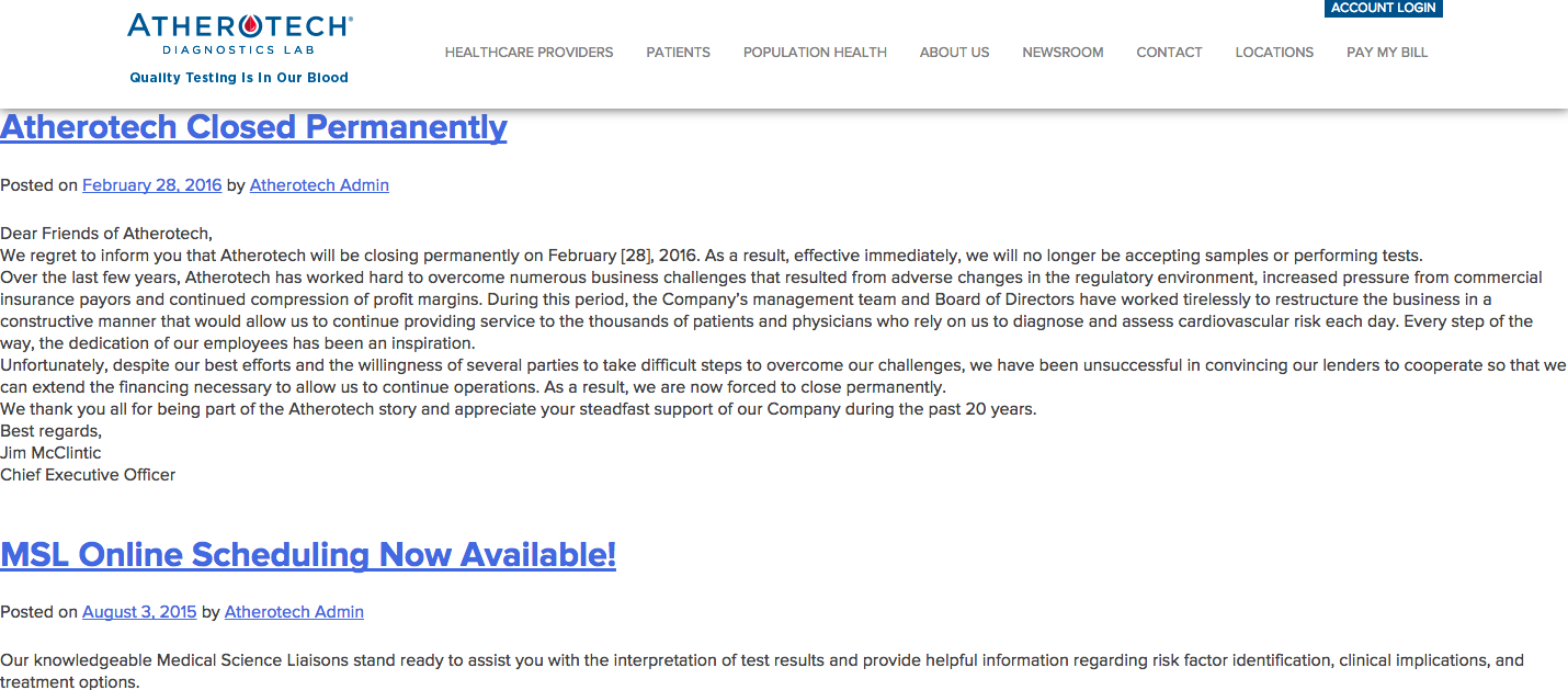 Screen shot of Atherotech's home page on 3/4/16.