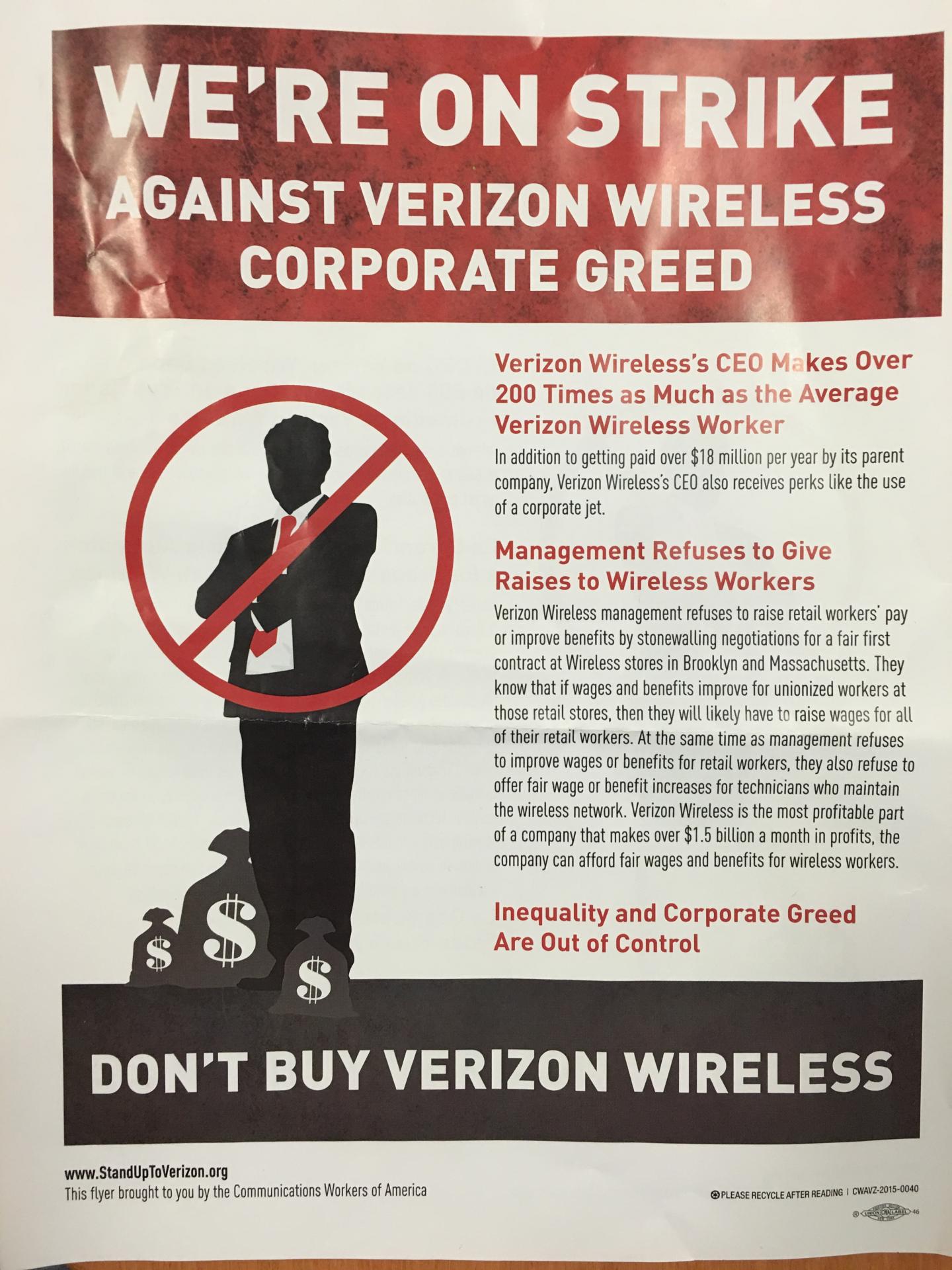 Leaflet calling for Verizon Wireless boycott