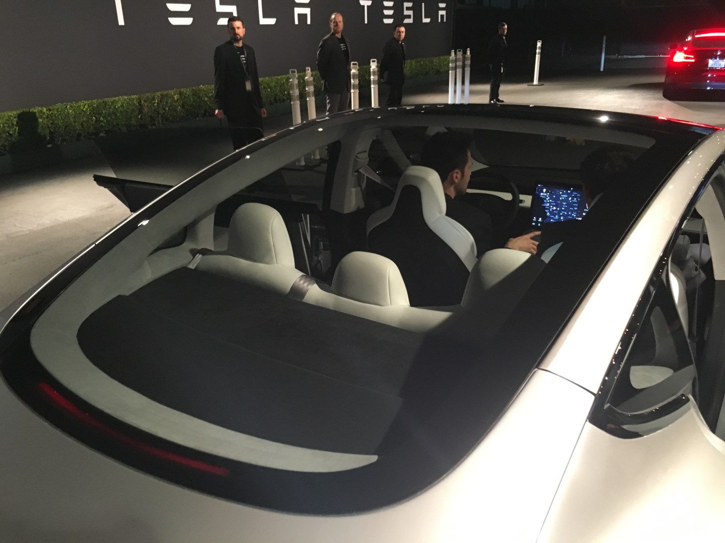The back windshield of Tesla's Model 3, taken during a test ride in Hawthorne, Calif.