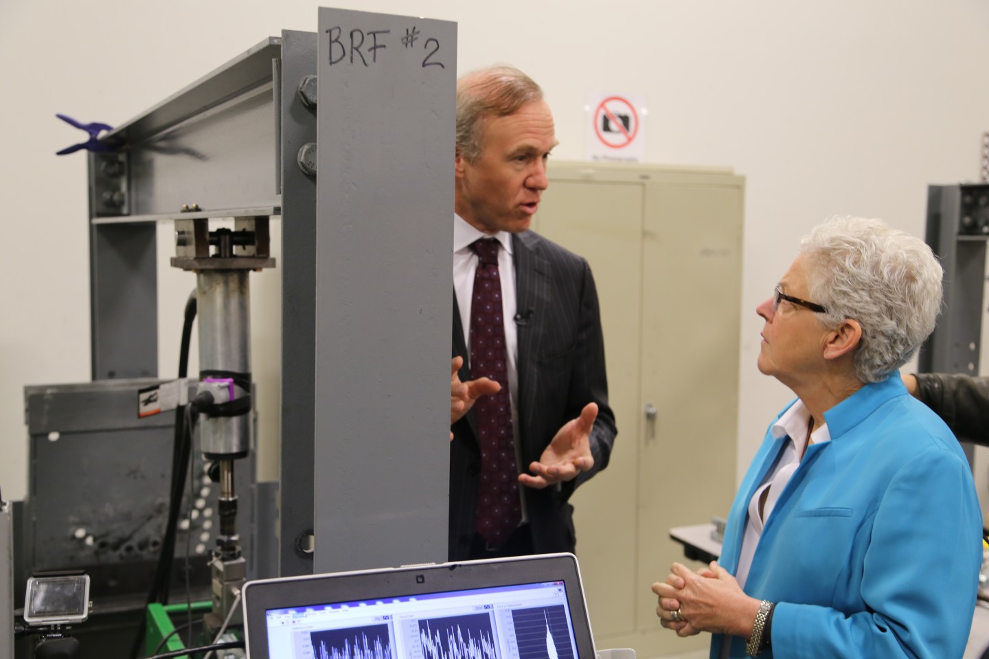 NEXTracker CEO Dan Shugar shows off the company's testing lab to EPA head Gina McCarthy.
