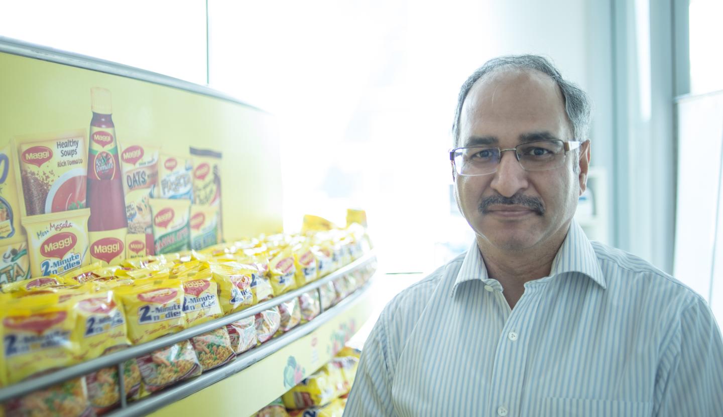 Sanjay Khajuria stands at the Maggi display in Nestle's Indian headquarters in Gurgaon.