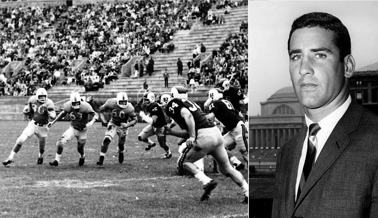 On the Columbia University Lions, Campbell, second from left, was captain of the 1961 squad that tied Harvard for the league championship, A hug upset. His nickname was "Ballsy."