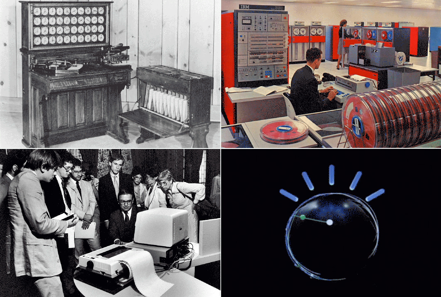 IBM Inventions: (L-R) The Hollerith tabulator and sorter box, invented by Herman Hollerith and used in the 1890 United States census, the IBM System/360, then-President & CEO of IBM John R. Opel (seated, center) demonstrates his companies personal home computer in New York on August 13, 1981, and Watson. 