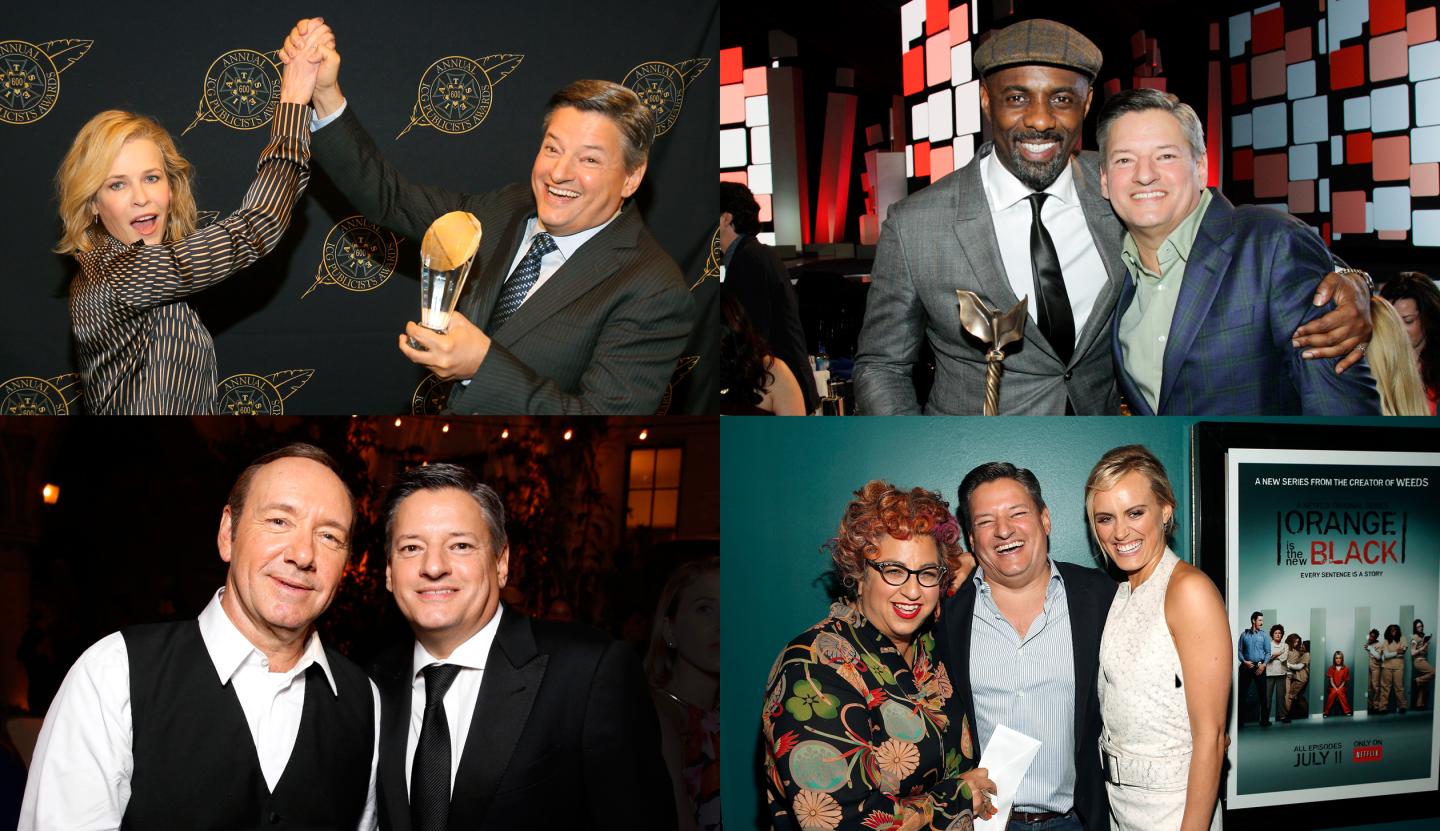 Red-carpet: Sarandos gets face time with (Clockwise from top left) comedian and Netflix talk-show host Chelsea Handle; Idris Elba, star of Netflix’s Beasts of No Nation, at the Independent Spirit Awards, at the ICG publicist awards; Jenji Kohan (left) and Taylor Schilling, creator and star, respectively, of Netflix’s Orange Is The New Black; House of Cards star Kevin Spacey, at a Netflix Emmy's party.