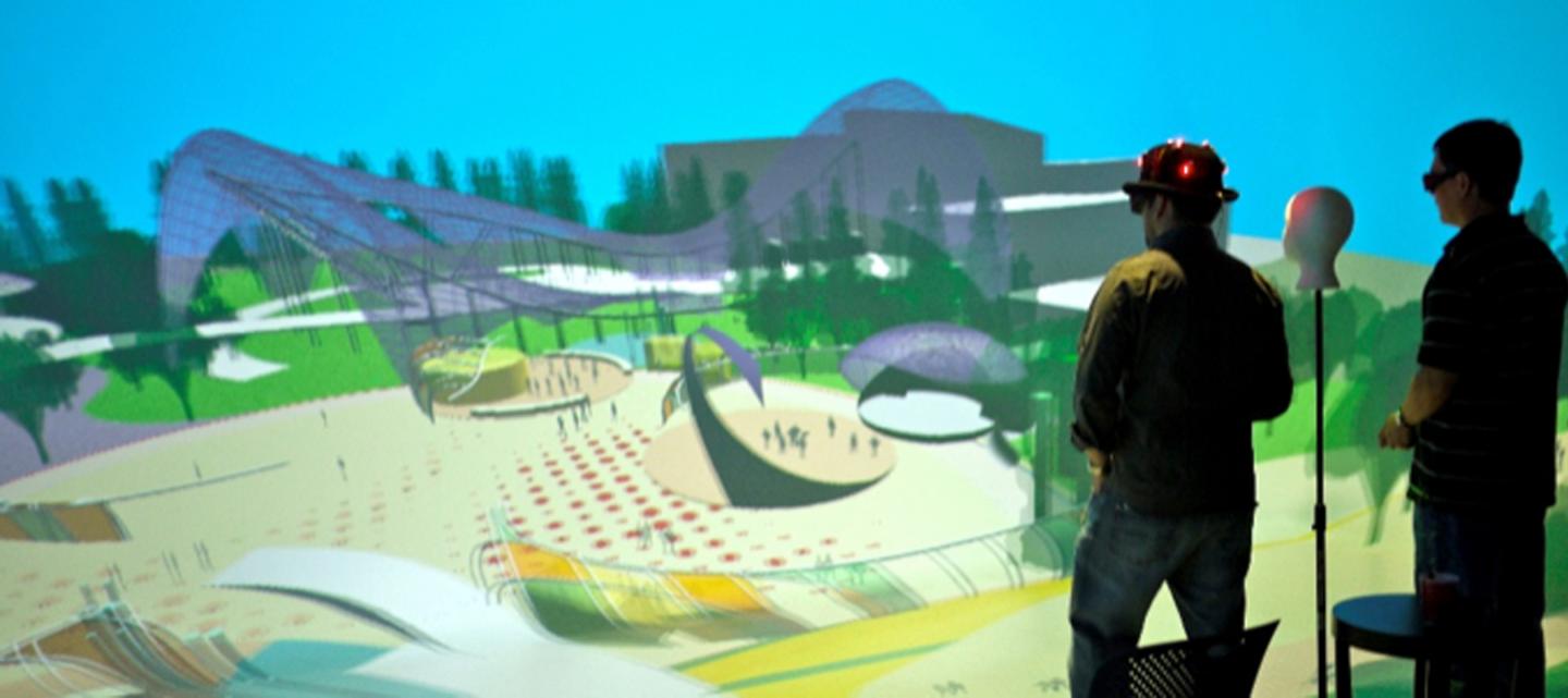 Drake and his imagineers used 3-D design tools like this immersive projection room to envision and refine Tomorrowland's design before any construction started on site. 