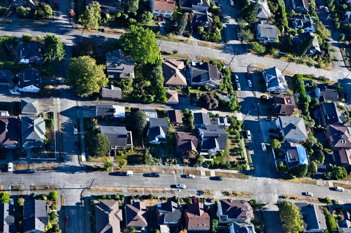 Aerial view of houses in neighborhoods, Seattle, Washington, United States