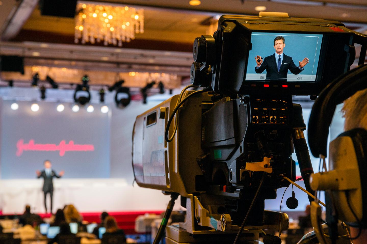 The day before senior leaders from the Johnson & Johnson are to present to the investment community, strategies for growth in the Consumer and Medical Device segments, Chairman and CEO Alex Gorsky practiced his presentation in front of his senior staff and advisors, in the main ballroom of the Hyatt Hotel in New Brunswick, NJ, Tuesday 17 May 2016.In many photos, wearing a yellow jacket is Sandra (Sandi) E. Peterson, Executive Vice President, Group Worldwide Chairman for Johnson and Johnson.Credit: Timothy Fadek / Redux Pictures