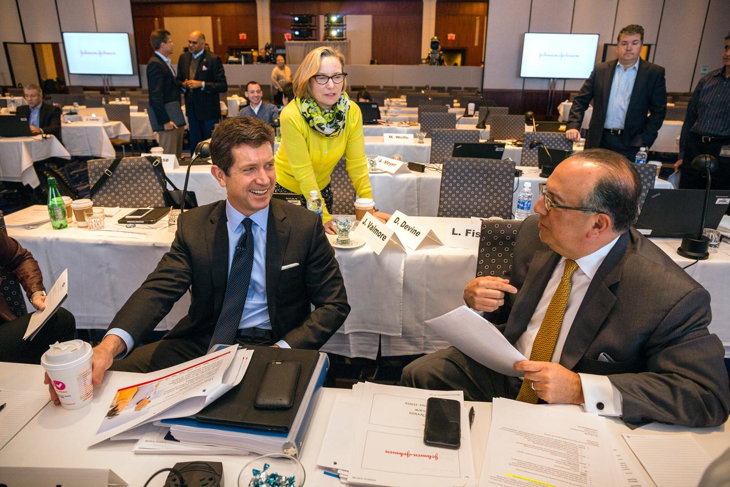 The day before senior leaders from the Johnson & Johnson are to present to the investment community, strategies for growth in the Consumer and Medical Device segments, Chairman and CEO Alex Gorsky practiced his presentation in front of his senior staff and advisors, in the main ballroom of the Hyatt Hotel in New Brunswick, NJ, Tuesday 17 May 2016.In many photos, wearing a yellow jacket is Sandra (Sandi) E. Peterson, Executive Vice President, Group Worldwide Chairman for Johnson and Johnson and Dominic Caruso, Chief Financial Officer.Credit: Timothy Fadek / Redux Pictures