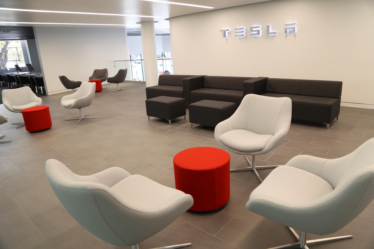 The second floor lobby in Tesla's San Francisco store.