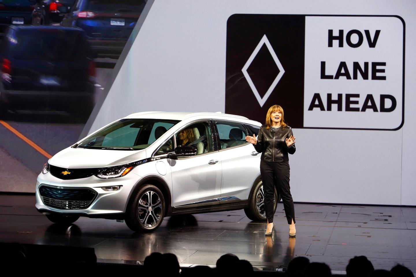 General Motors Chairman and CEO Mary Barra unveils the 2017 Chevrolet Bolt EV during a keynote address at the 2016 CES trade show in Las Vegas