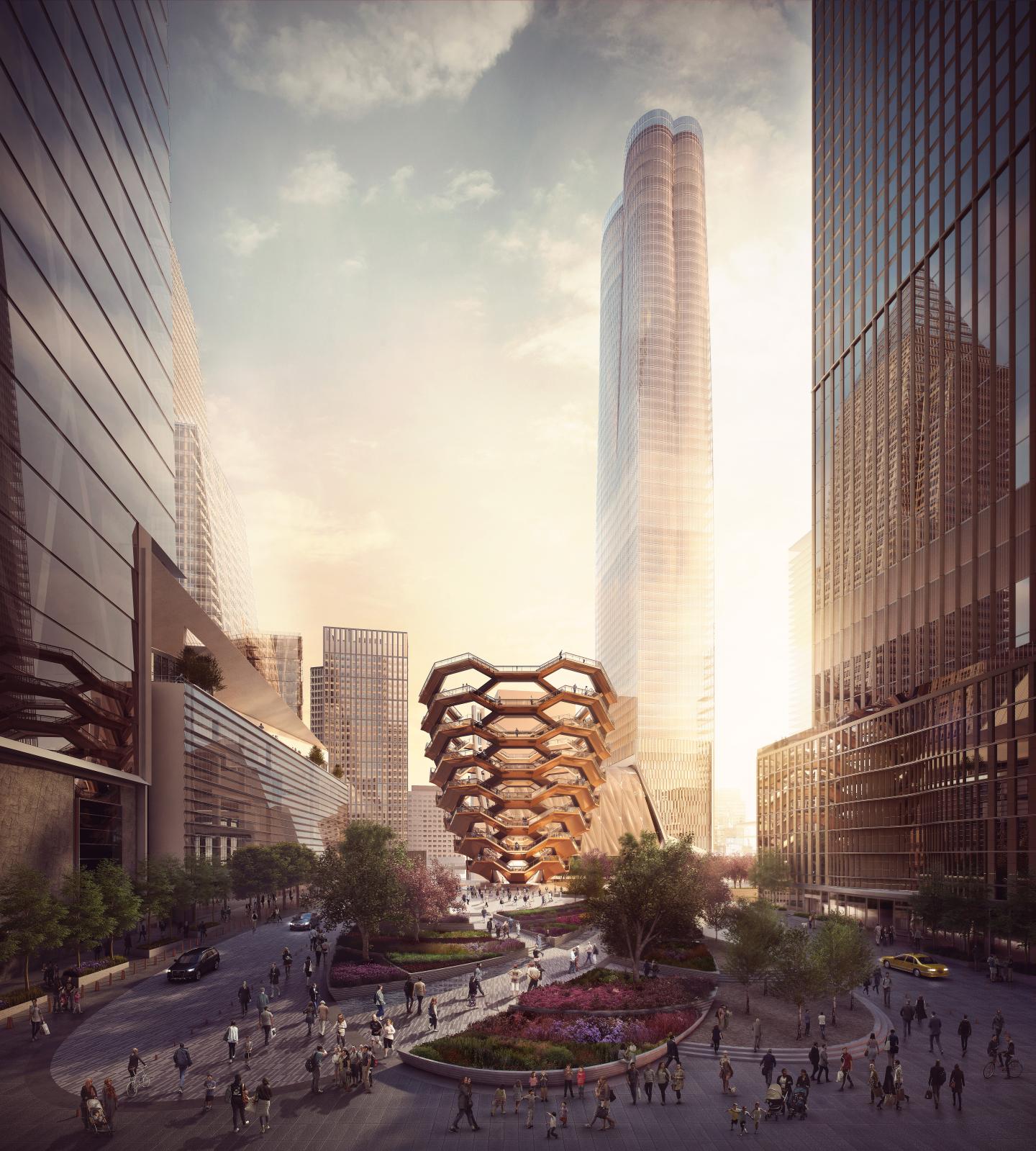 An artist's rendering of the plaza at Manhattan's Hudson Yards, featuring "The Vessel," a public artwork scheduled to open in late 2018. 