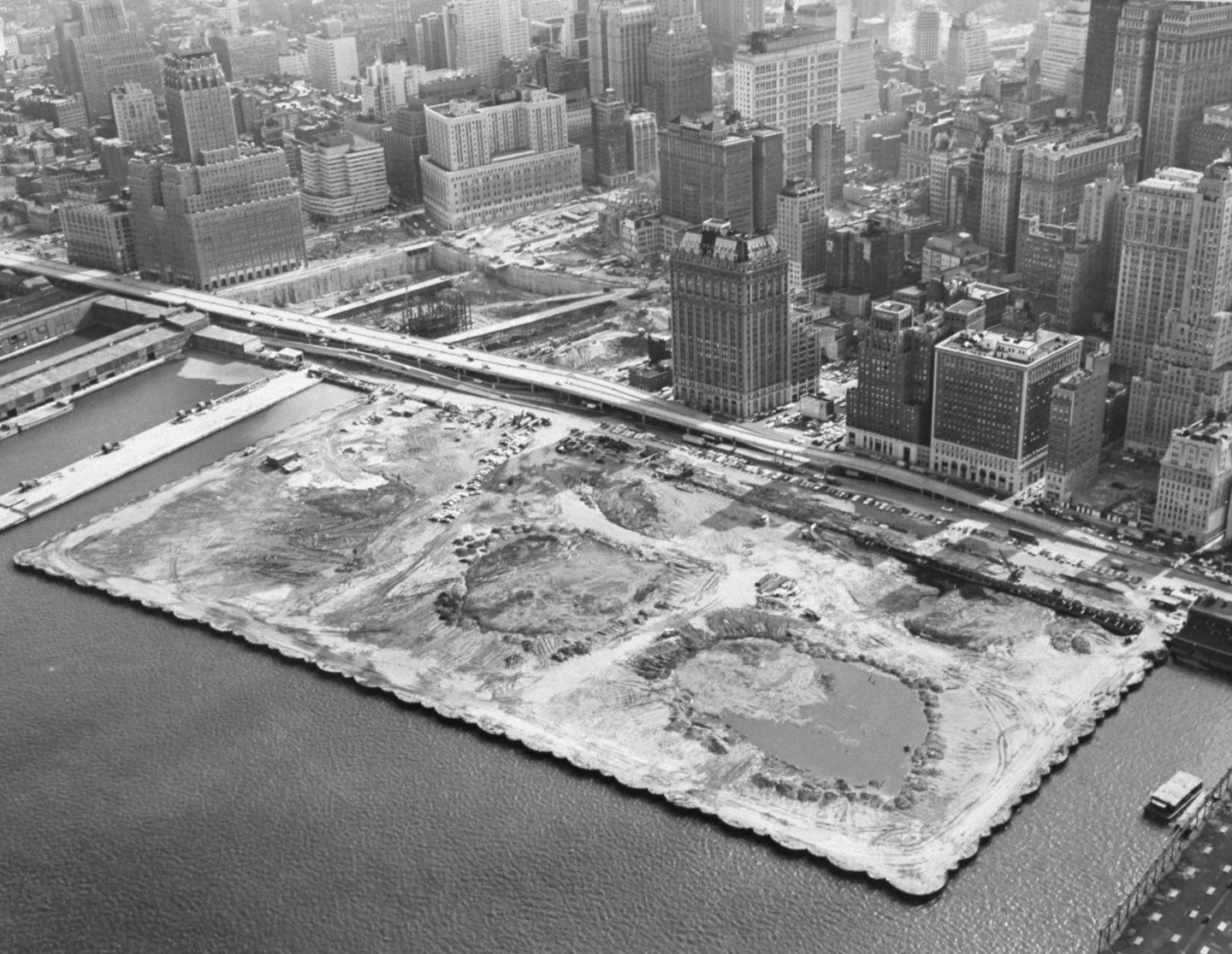 Aerial view of the site where World Trade Center is to be bu