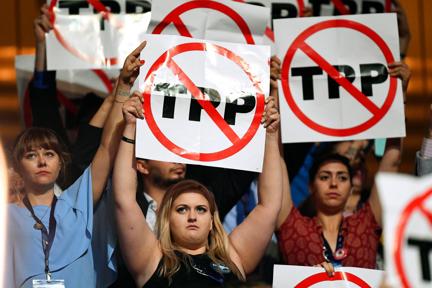 Protesters show their opposition to the Trans-Pacific Partnership during the first day of the Democratic National Convention in Philadelphia in July.