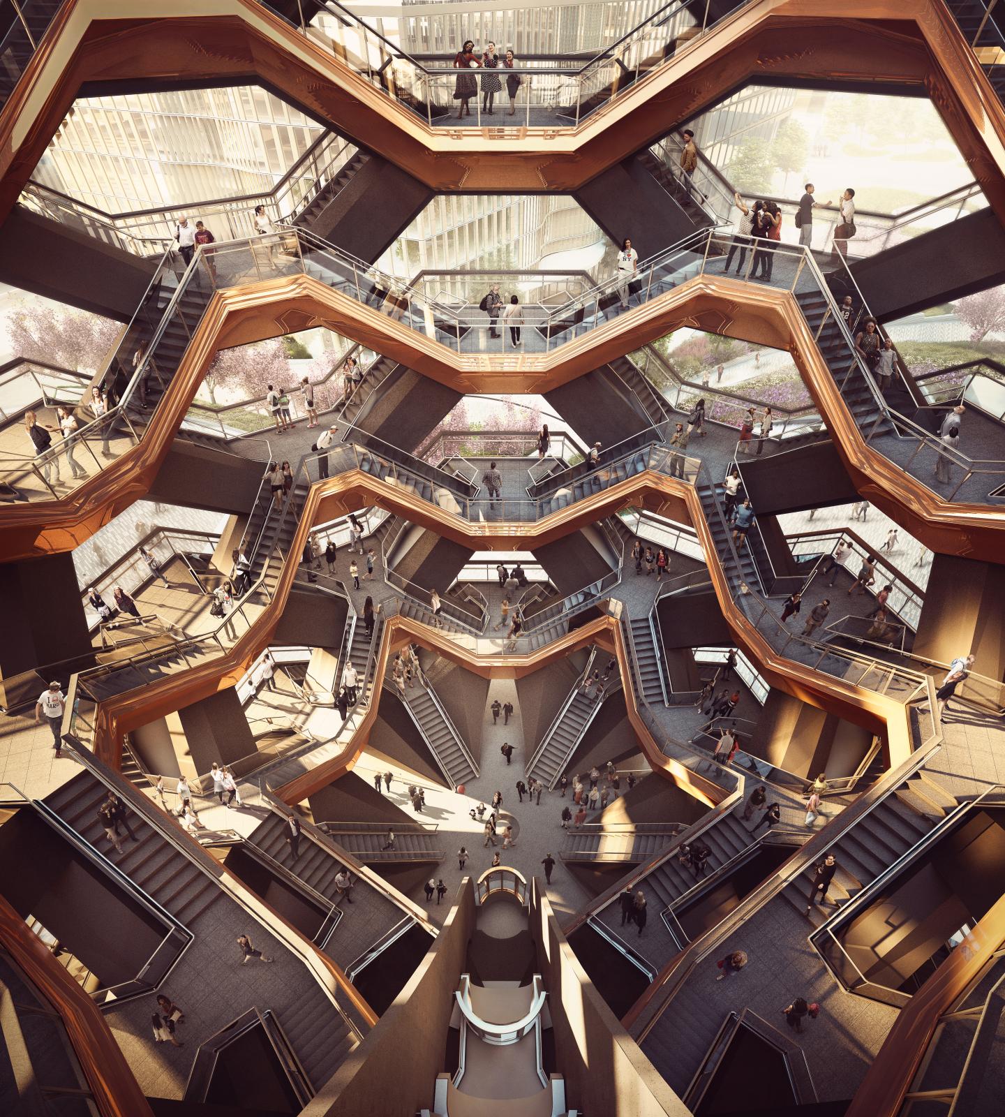 An artist's rendering of the interior of "Vessel." Visitors will be able to ascend 2,500 steps to a height of 15 stories. 