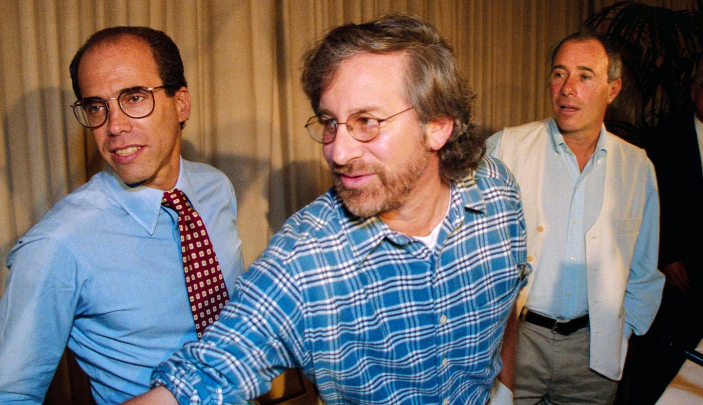 Jeffrey Katzenberg (left) with partners Steven Spielberg and David Geffen, announcing the launch of DreamWorks SKG in October 1994. DreamWorks Animation split off as an independent company with Katzenberg as CEO in 2004