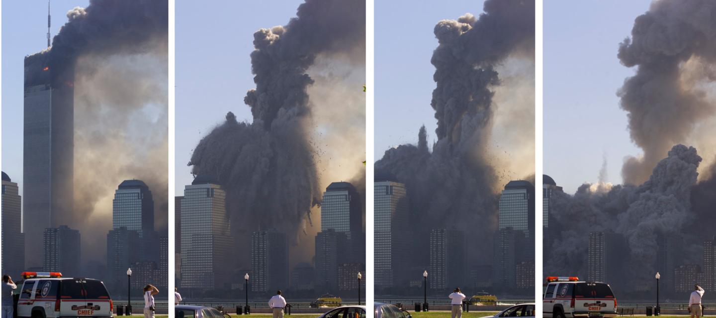 NEW YORK'S WORLD TRADE CENTER COLLAPSES.