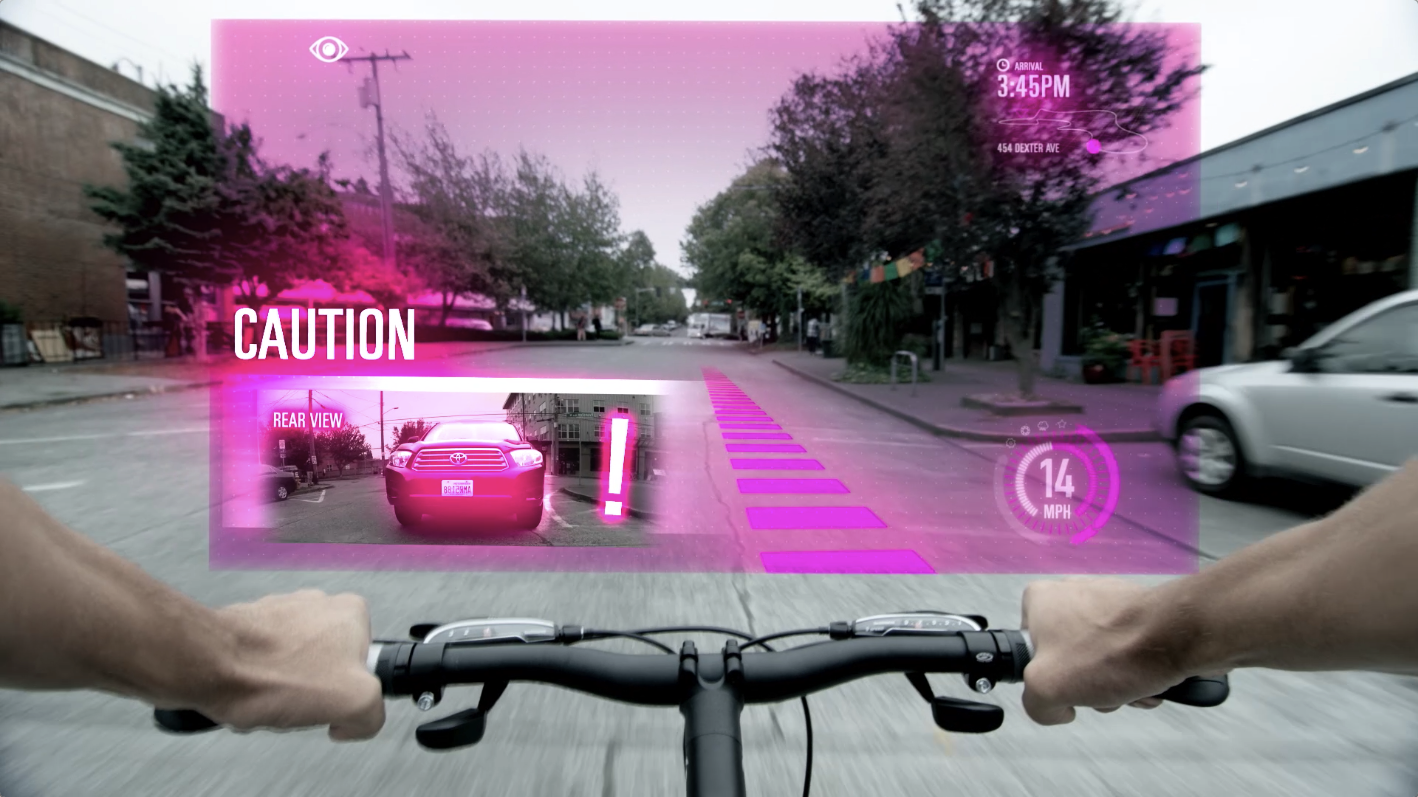 A bicyclist avoids a car thanks to wireless AR warning.